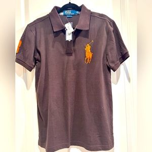 Ralph Lauren Short Sleeved Brown Polo Shirt with Orange Horse, Large (NWT)